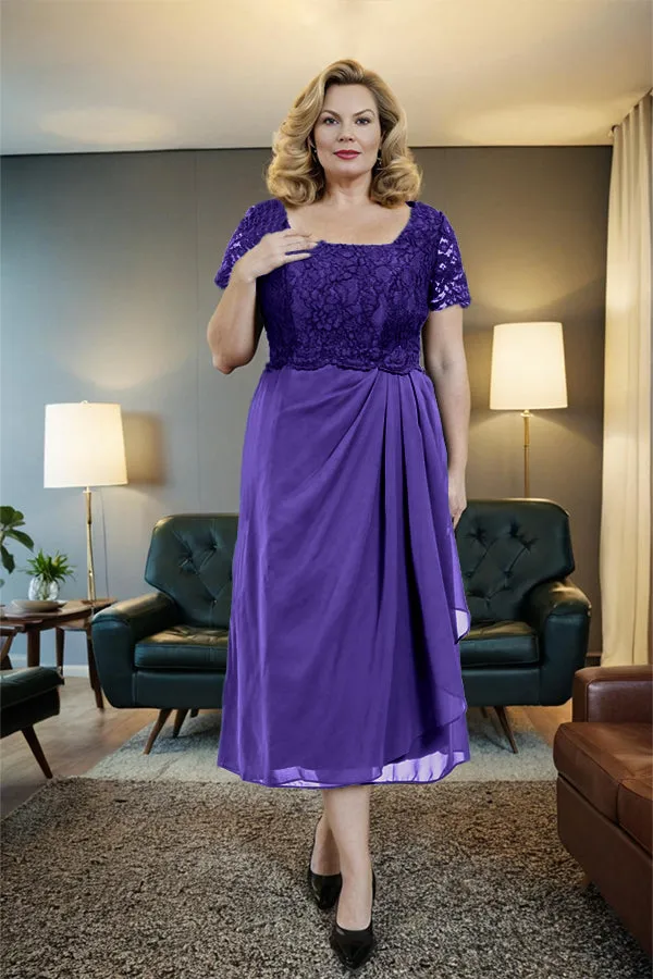 Classic Short Sleeves Ruched Tea Length Mother of the Bride Dress