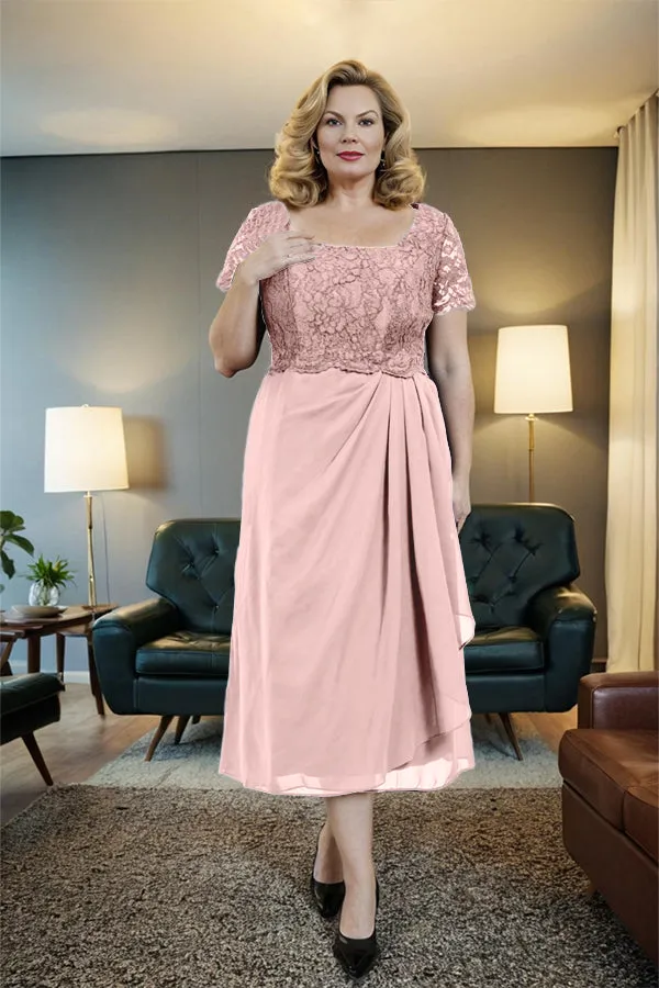 Classic Short Sleeves Ruched Tea Length Mother of the Bride Dress