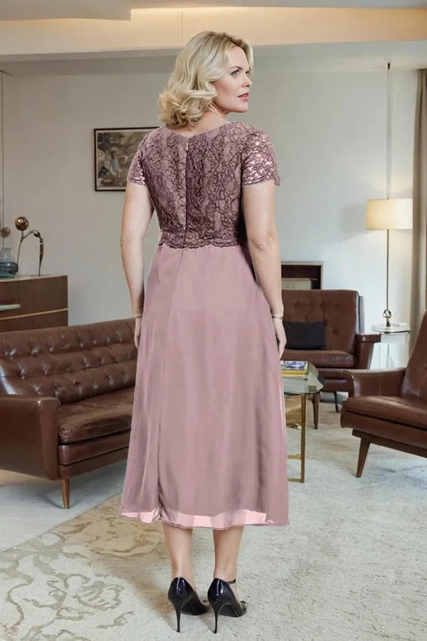Classic Short Sleeves Ruched Tea Length Mother of the Bride Dress