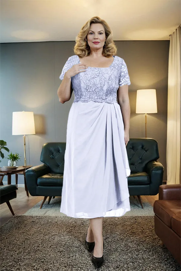 Classic Short Sleeves Ruched Tea Length Mother of the Bride Dress