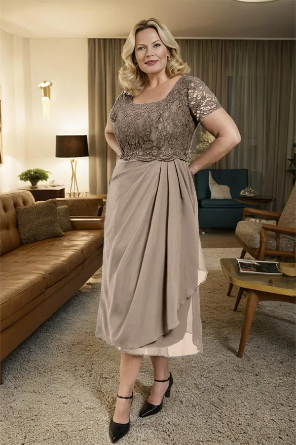 Classic Short Sleeves Ruched Tea Length Mother of the Bride Dress