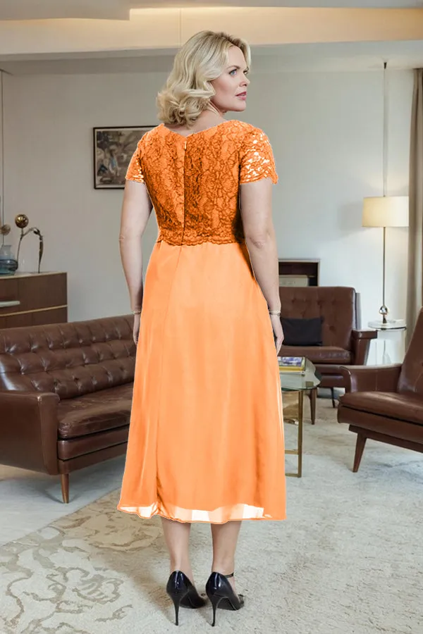 Classic Short Sleeves Ruched Tea Length Mother of the Bride Dress