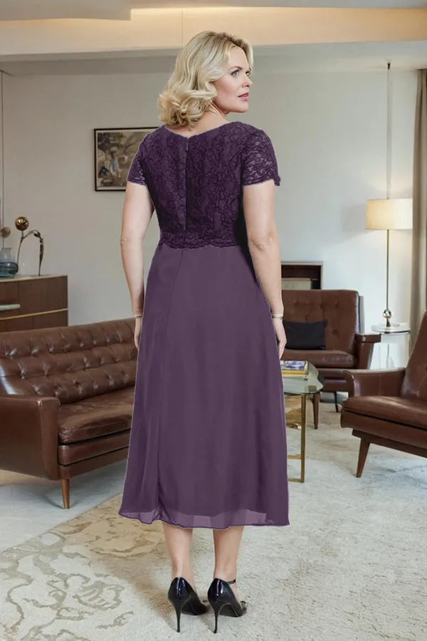 Classic Short Sleeves Ruched Tea Length Mother of the Bride Dress