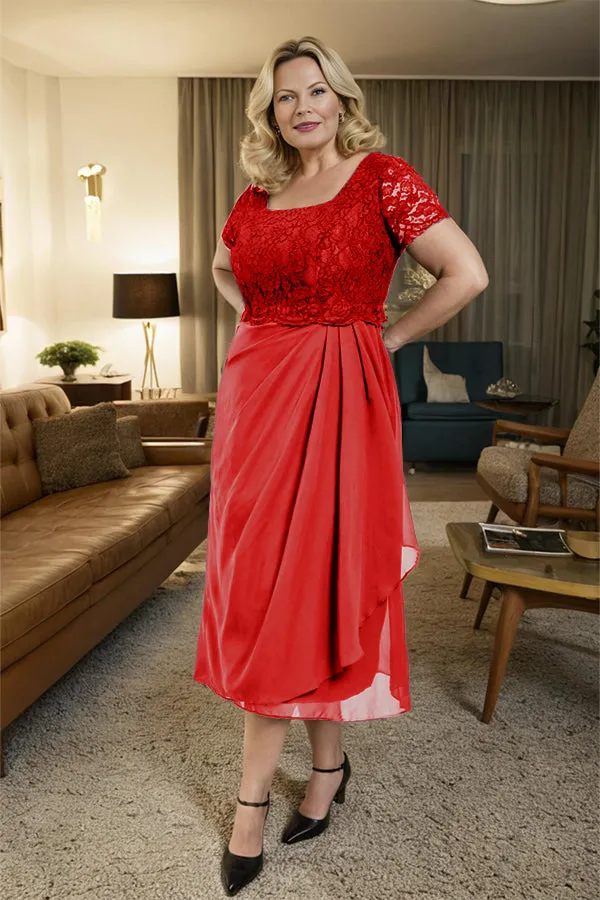 Classic Short Sleeves Ruched Tea Length Mother of the Bride Dress