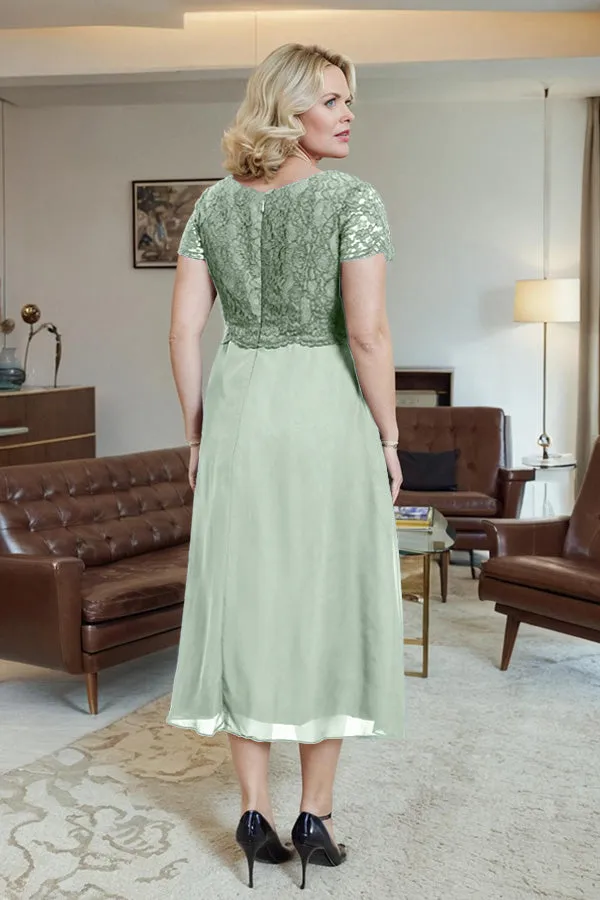 Classic Short Sleeves Ruched Tea Length Mother of the Bride Dress