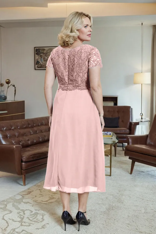 Classic Short Sleeves Ruched Tea Length Mother of the Bride Dress