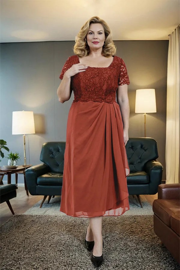 Classic Short Sleeves Ruched Tea Length Mother of the Bride Dress