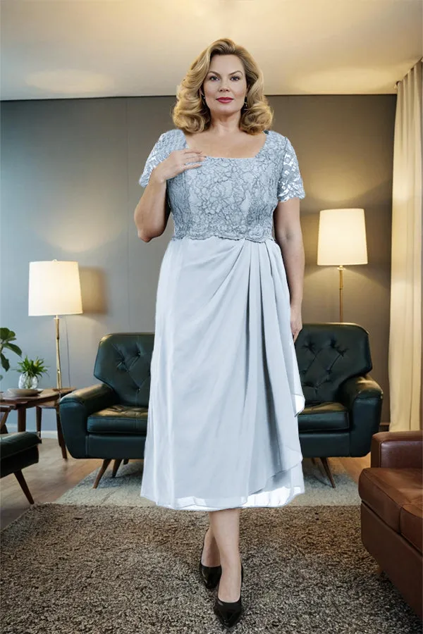 Classic Short Sleeves Ruched Tea Length Mother of the Bride Dress