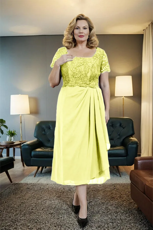Classic Short Sleeves Ruched Tea Length Mother of the Bride Dress