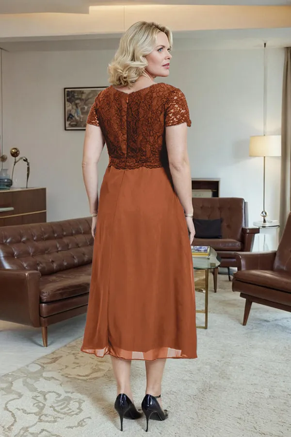 Classic Short Sleeves Ruched Tea Length Mother of the Bride Dress