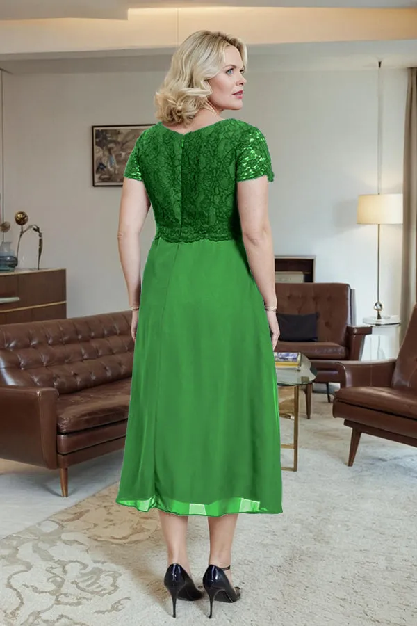 Classic Short Sleeves Ruched Tea Length Mother of the Bride Dress