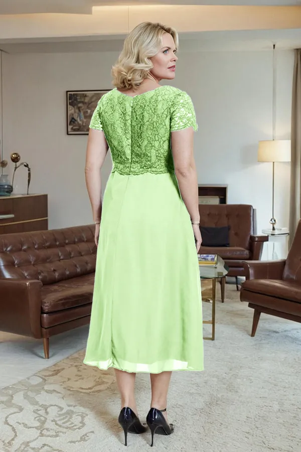 Classic Short Sleeves Ruched Tea Length Mother of the Bride Dress