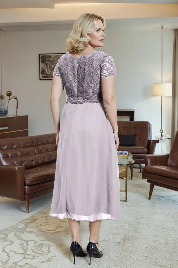 Classic Short Sleeves Ruched Tea Length Mother of the Bride Dress