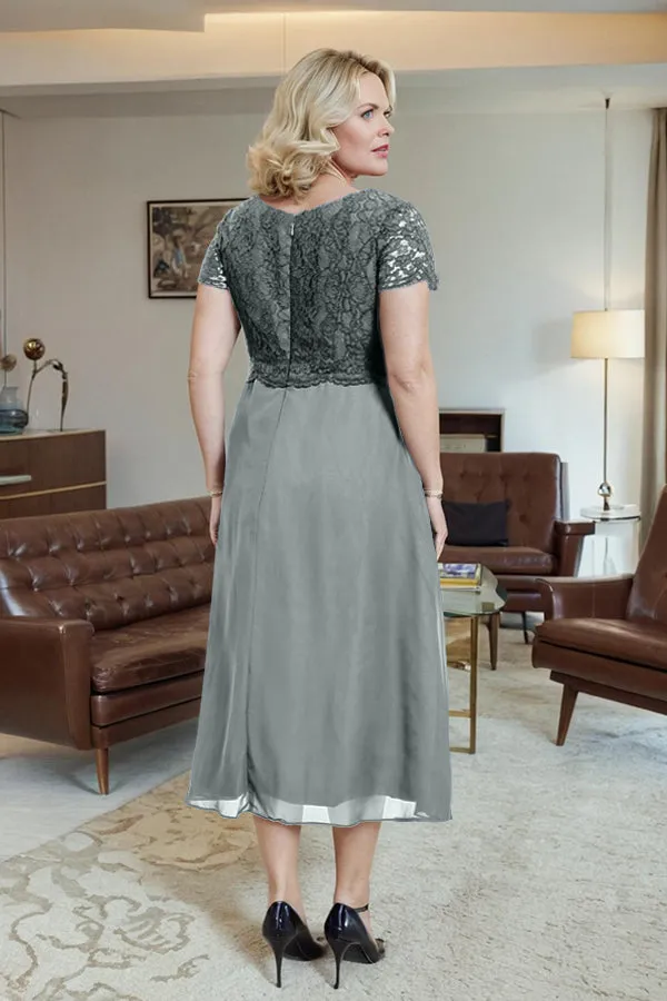 Classic Short Sleeves Ruched Tea Length Mother of the Bride Dress