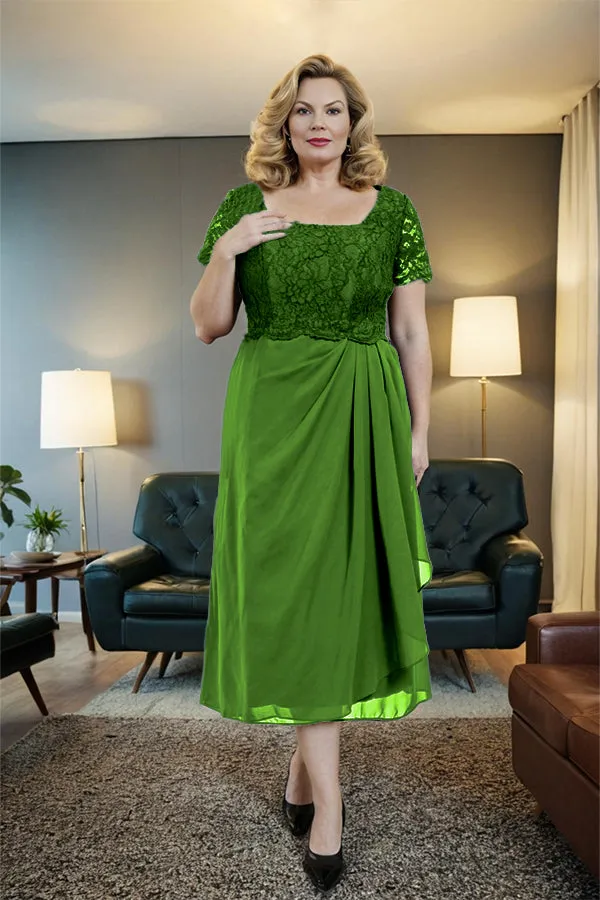Classic Short Sleeves Ruched Tea Length Mother of the Bride Dress