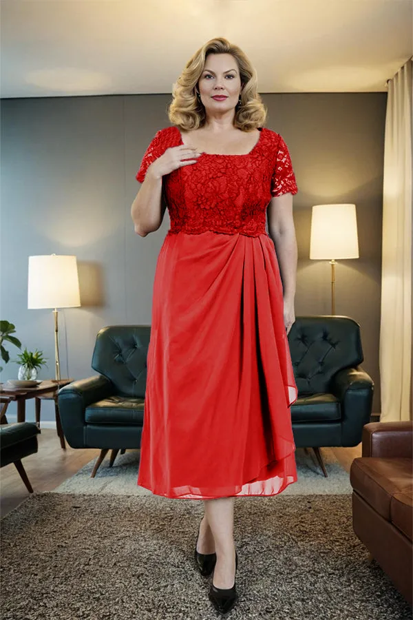 Classic Short Sleeves Ruched Tea Length Mother of the Bride Dress