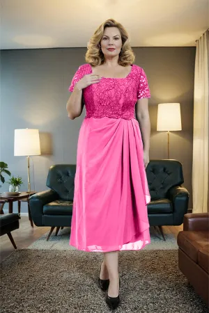 Classic Short Sleeves Ruched Tea Length Mother of the Bride Dress