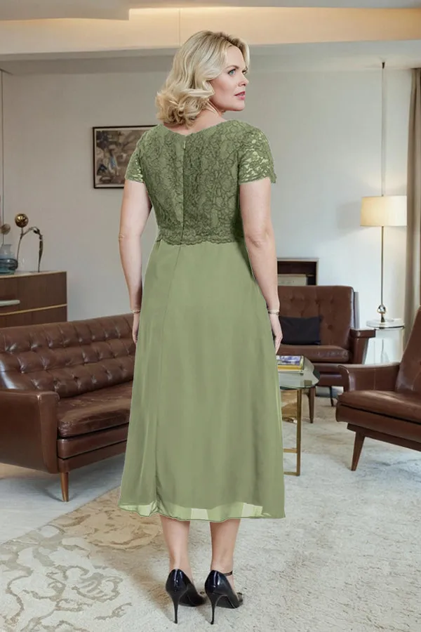 Classic Short Sleeves Ruched Tea Length Mother of the Bride Dress