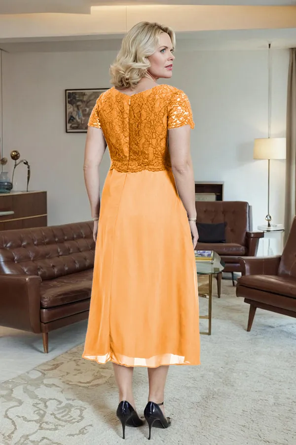 Classic Short Sleeves Ruched Tea Length Mother of the Bride Dress