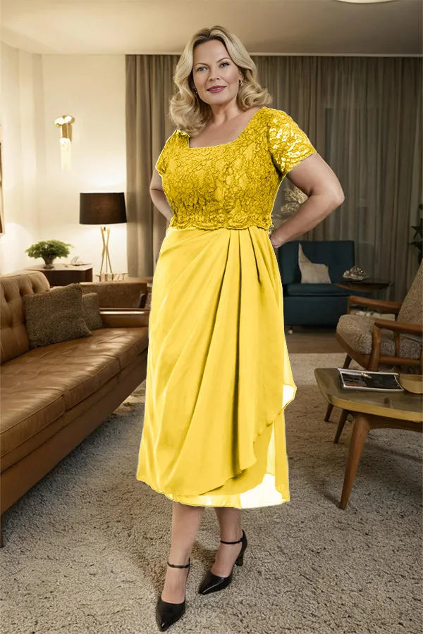 Classic Short Sleeves Ruched Tea Length Mother of the Bride Dress