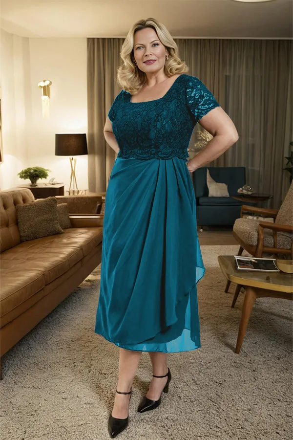 Classic Short Sleeves Ruched Tea Length Mother of the Bride Dress