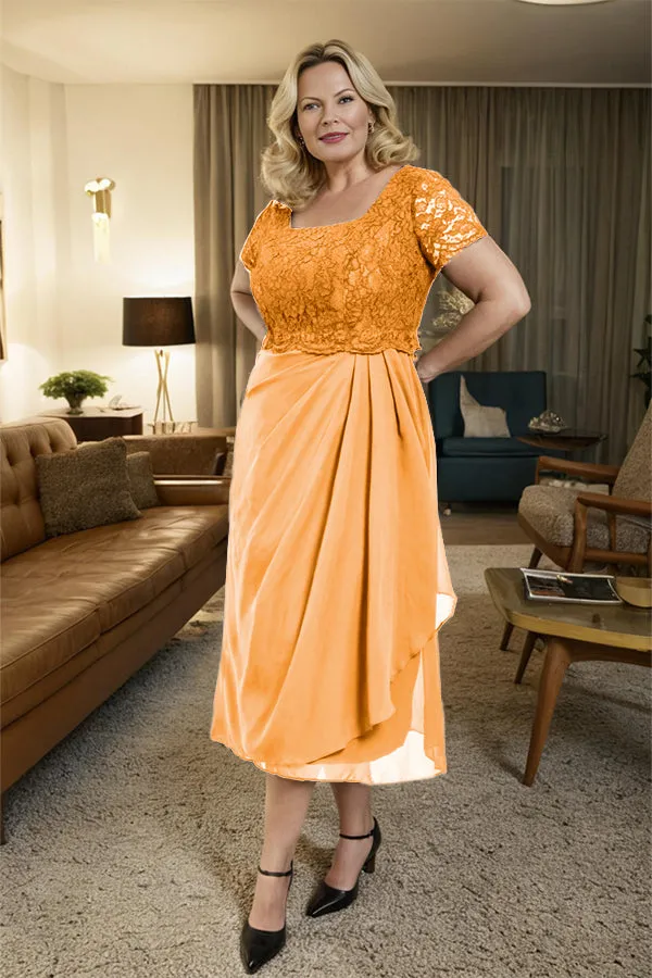 Classic Short Sleeves Ruched Tea Length Mother of the Bride Dress