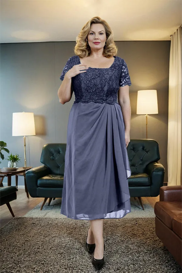 Classic Short Sleeves Ruched Tea Length Mother of the Bride Dress