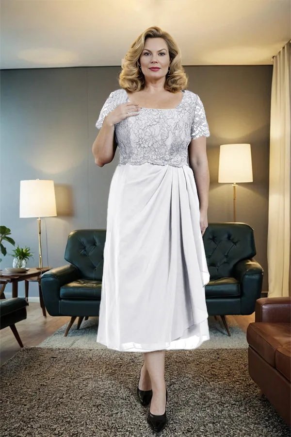 Classic Short Sleeves Ruched Tea Length Mother of the Bride Dress