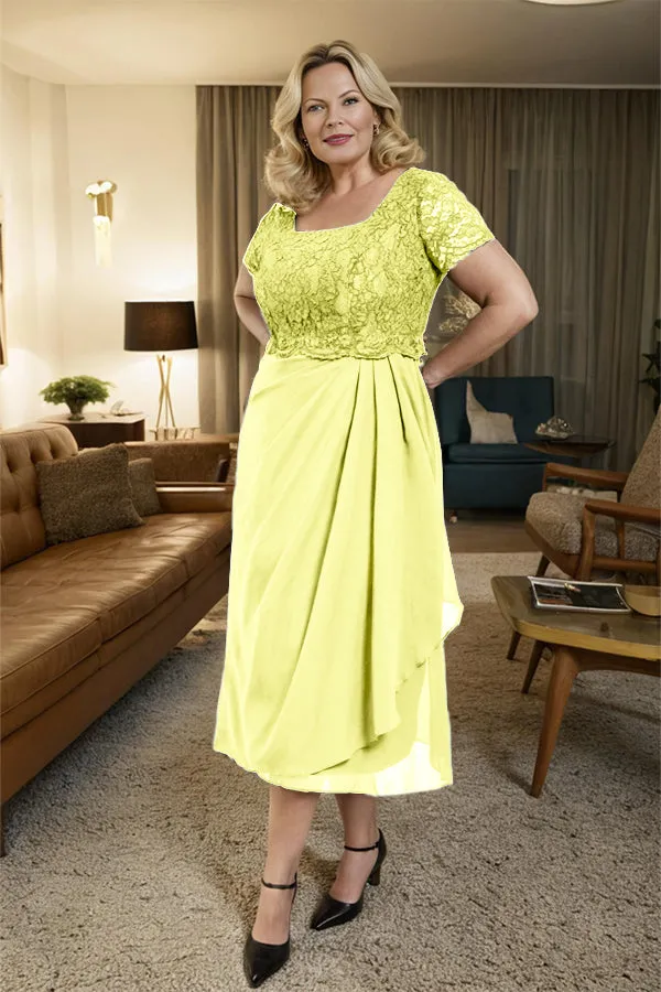 Classic Short Sleeves Ruched Tea Length Mother of the Bride Dress