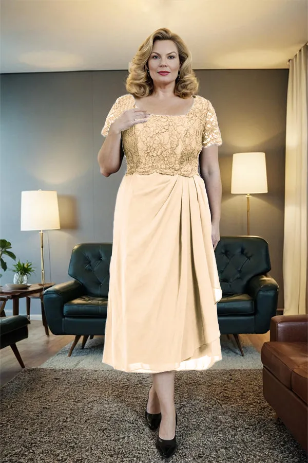 Classic Short Sleeves Ruched Tea Length Mother of the Bride Dress