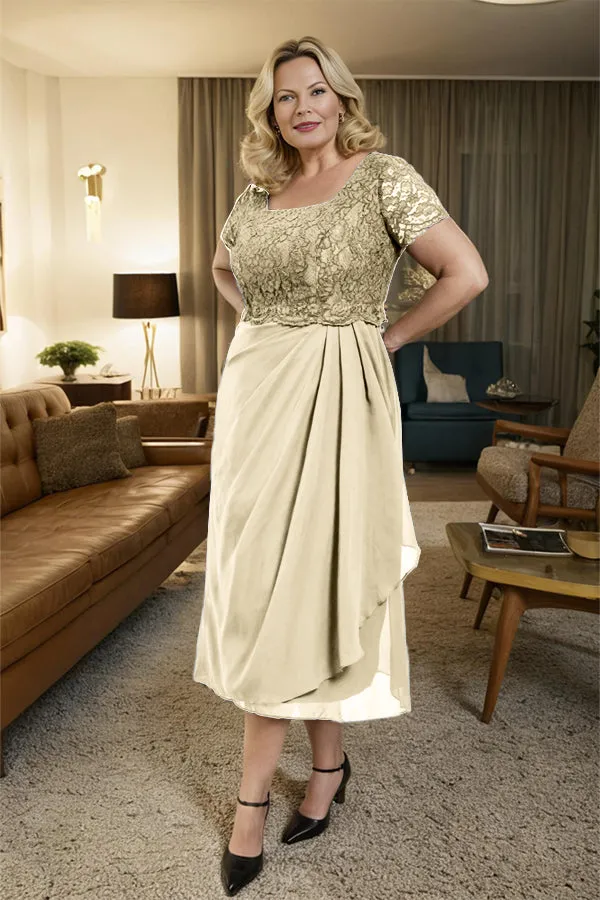 Classic Short Sleeves Ruched Tea Length Mother of the Bride Dress