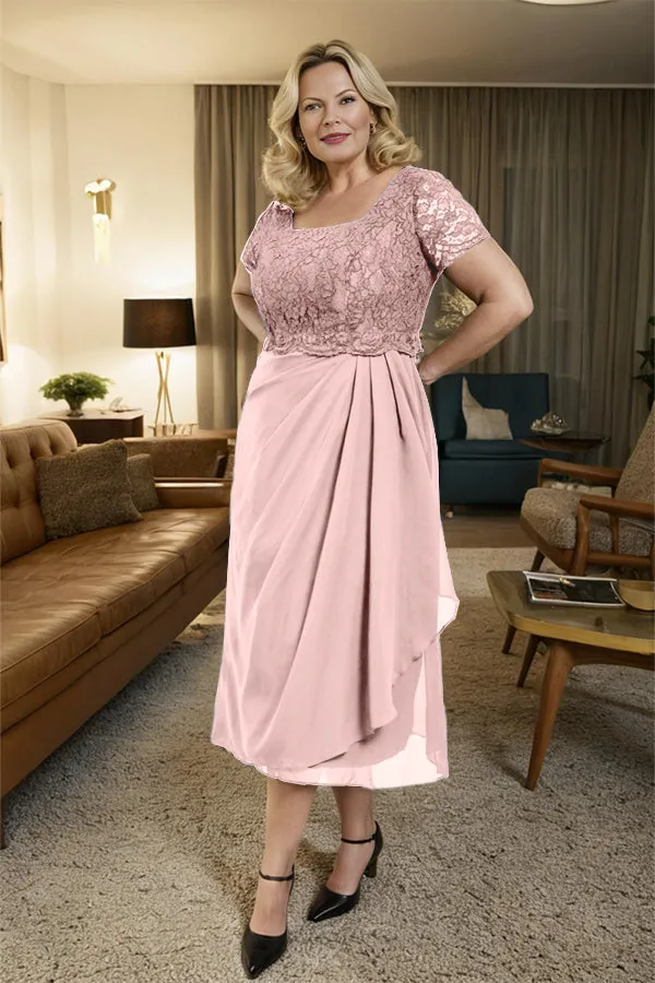 Classic Short Sleeves Ruched Tea Length Mother of the Bride Dress