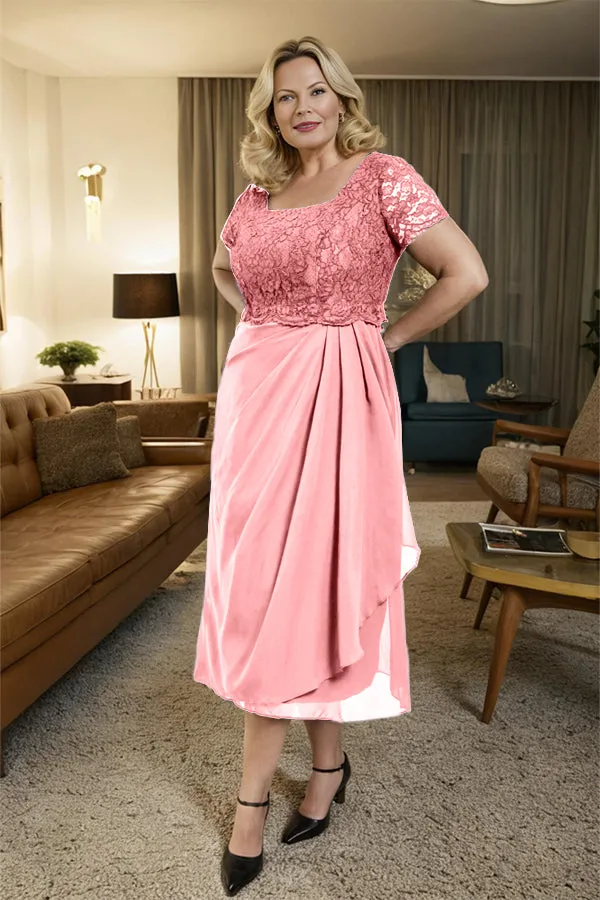 Classic Short Sleeves Ruched Tea Length Mother of the Bride Dress