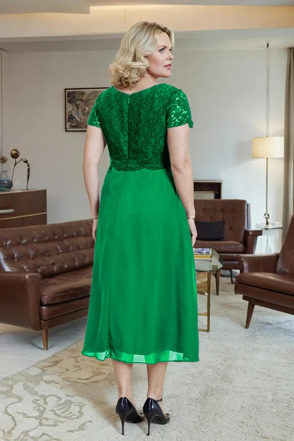 Classic Short Sleeves Ruched Tea Length Mother of the Bride Dress