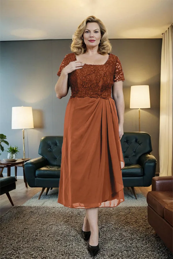 Classic Short Sleeves Ruched Tea Length Mother of the Bride Dress