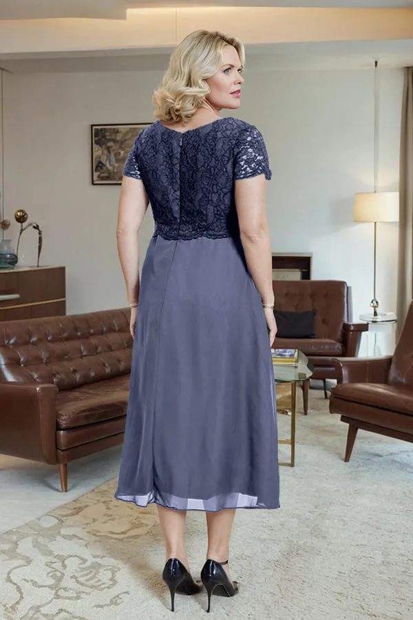 Classic Short Sleeves Ruched Tea Length Mother of the Bride Dress