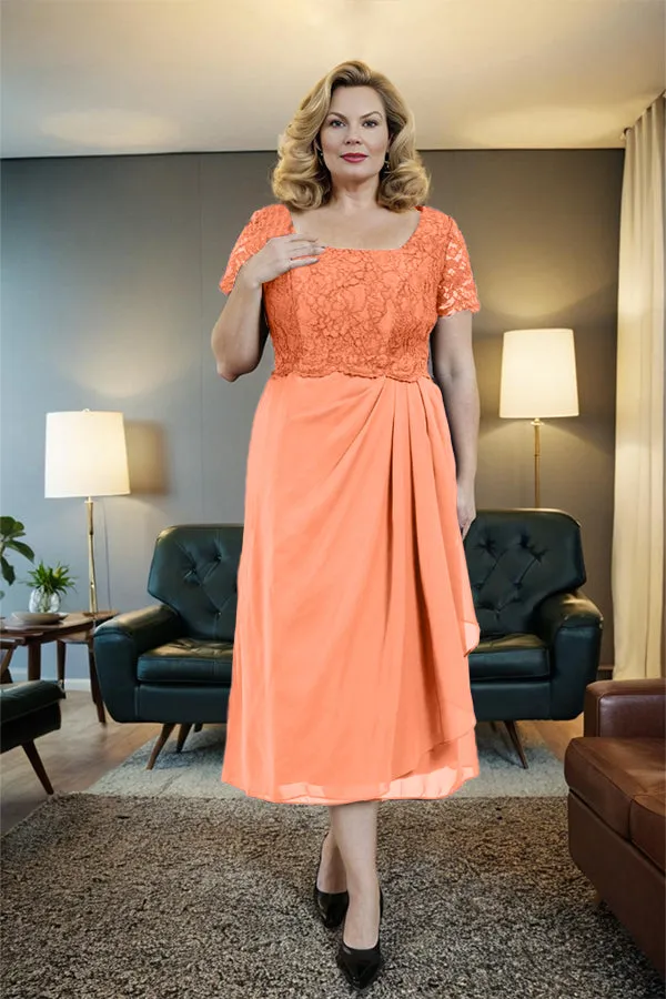 Classic Short Sleeves Ruched Tea Length Mother of the Bride Dress