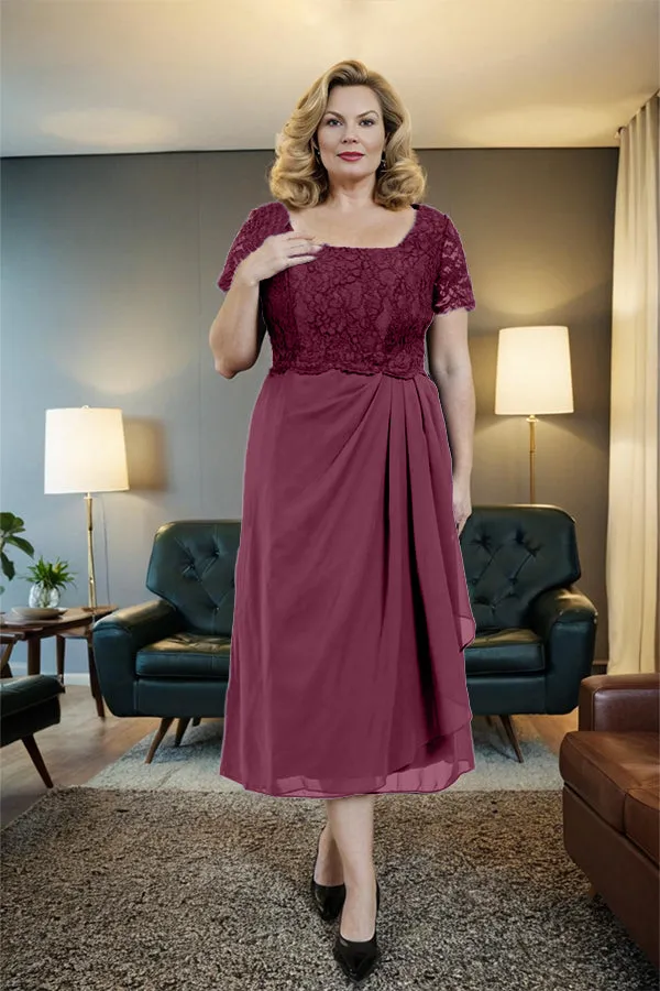 Classic Short Sleeves Ruched Tea Length Mother of the Bride Dress