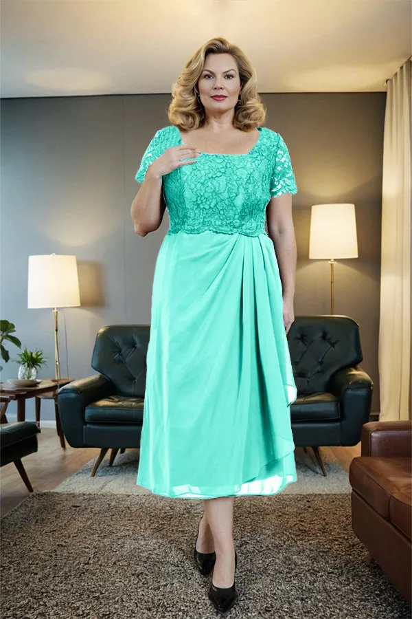 Classic Short Sleeves Ruched Tea Length Mother of the Bride Dress