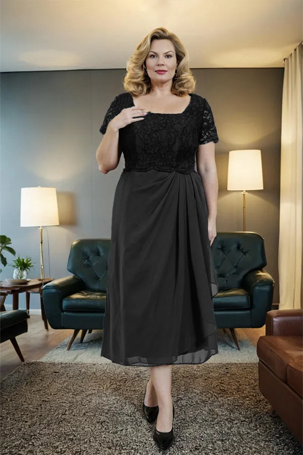 Classic Short Sleeves Ruched Tea Length Mother of the Bride Dress