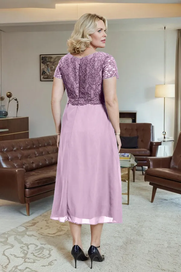 Classic Short Sleeves Ruched Tea Length Mother of the Bride Dress