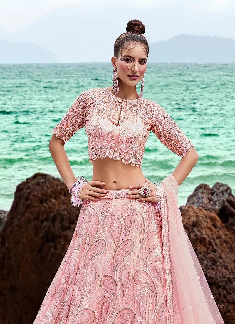 Coral Pink Sequence Embroidery Wedding Lehenga Choli