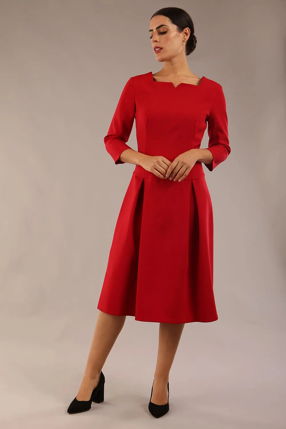 Cordelia Square Neck Pleated Midi A-line Dress