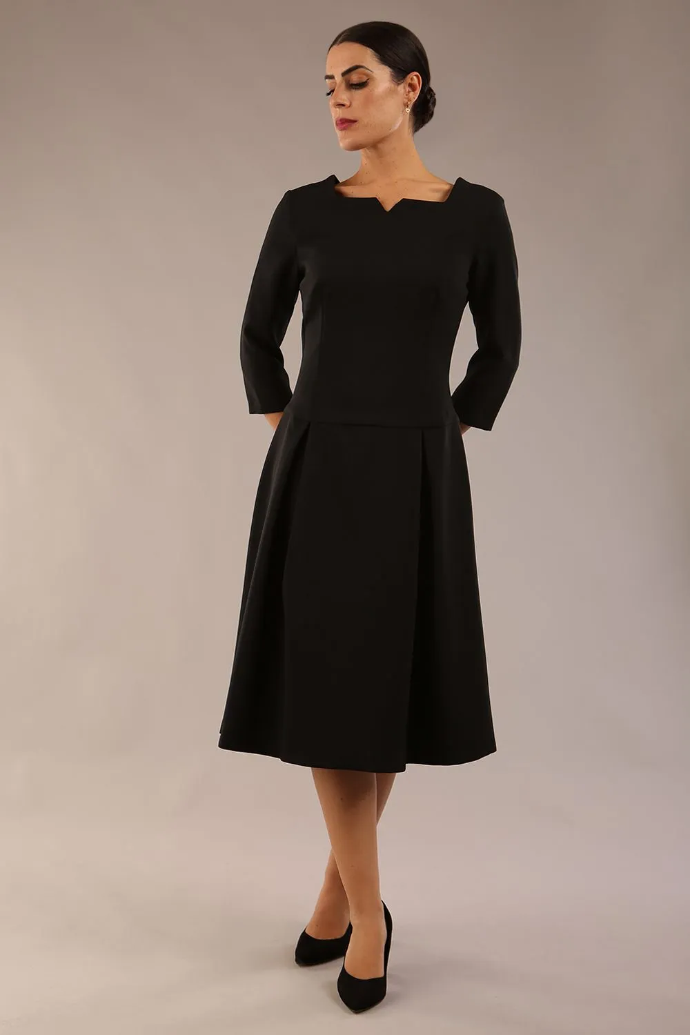Cordelia Square Neck Pleated Midi A-line Dress
