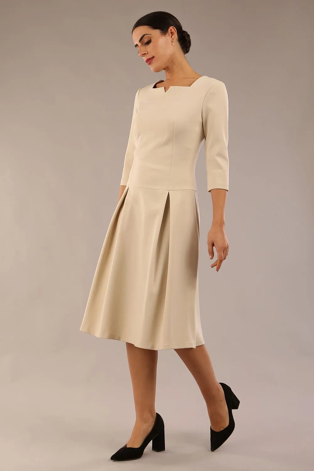 Cordelia Square Neck Pleated Midi A-line Dress