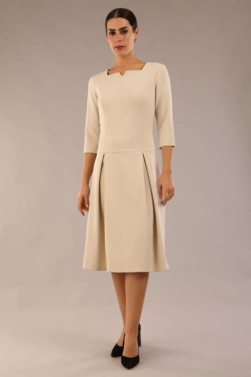 Cordelia Square Neck Pleated Midi A-line Dress
