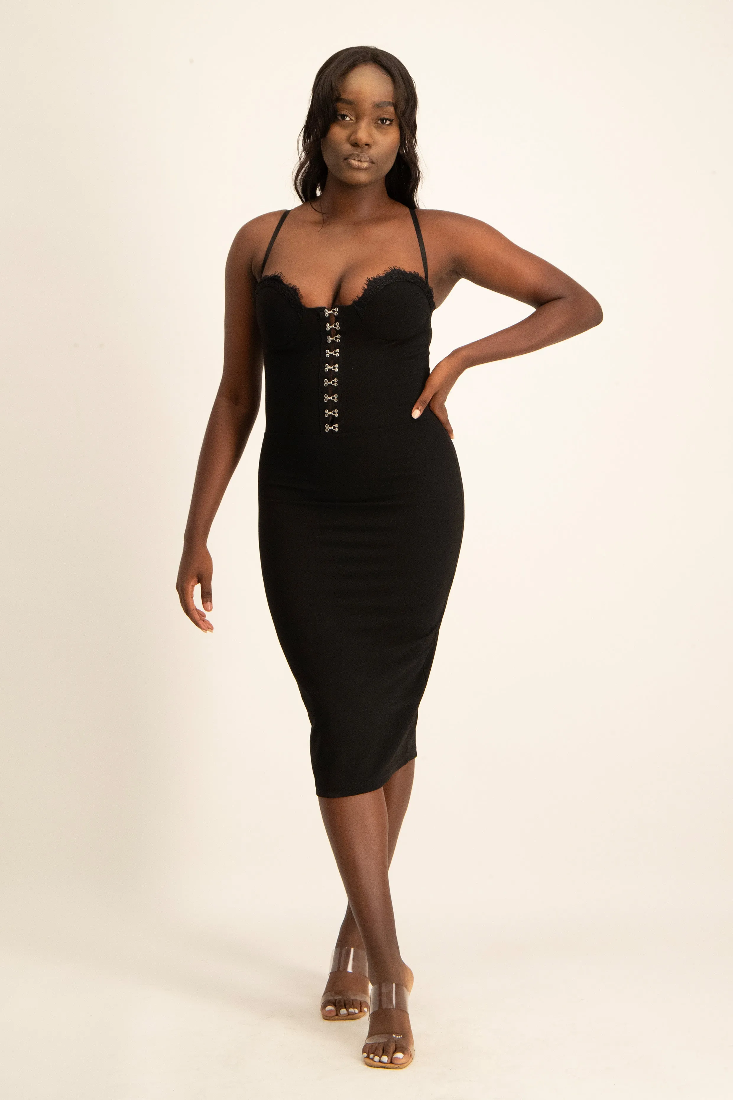 Corset Style Dress with Lace Trim - Black