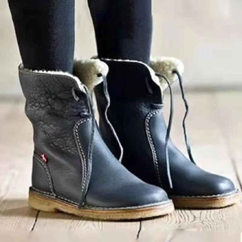 Creamtopmall Ankle Round toe Fleece Lace up snow Boots