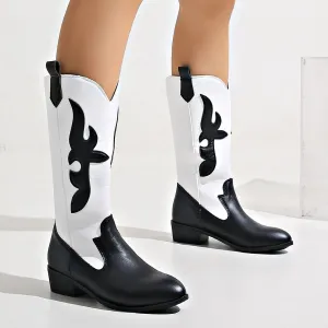 Creamtopmall Black and white spliced pointed toe knight boots