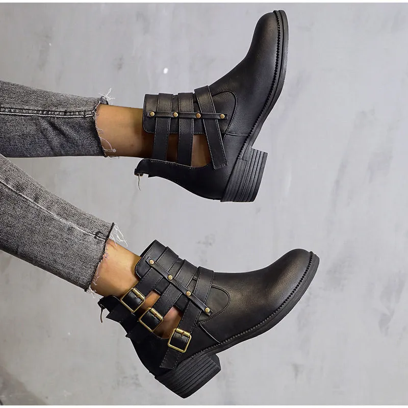 Creamtopmall Breathable Square Heels Hollow Out Ankle Boots